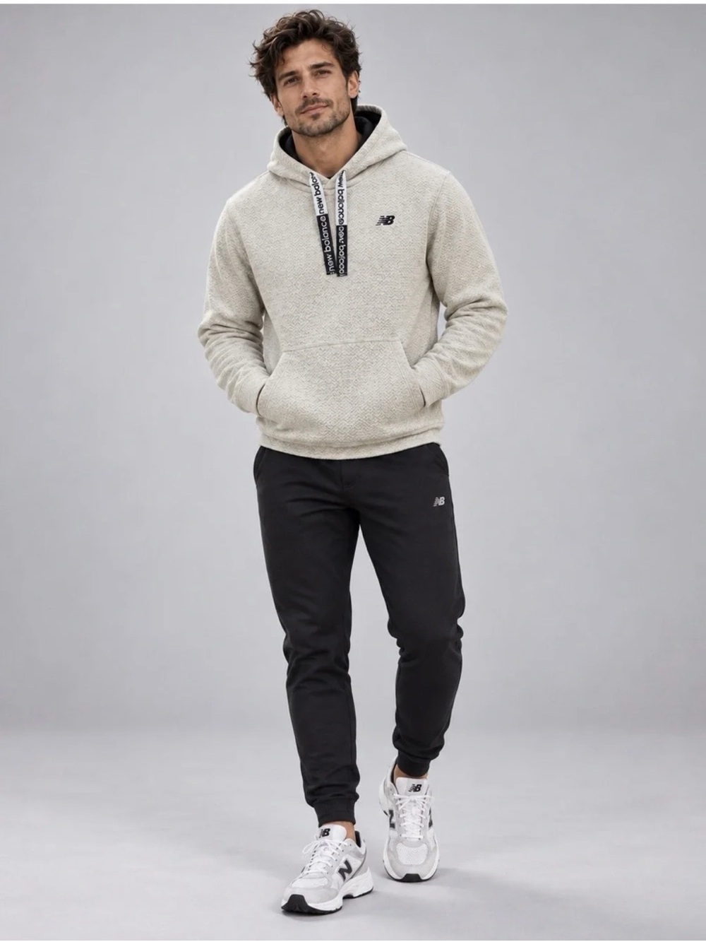 New Balance Textured Quilted Hoodie Gray Black Drawstrings XL
